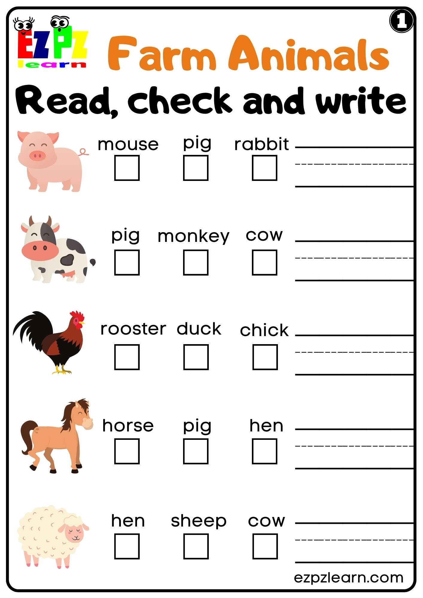 Farm Animals Read Check and Write Worksheet for Kindergarten or ESL Students Free PDF Download set 1